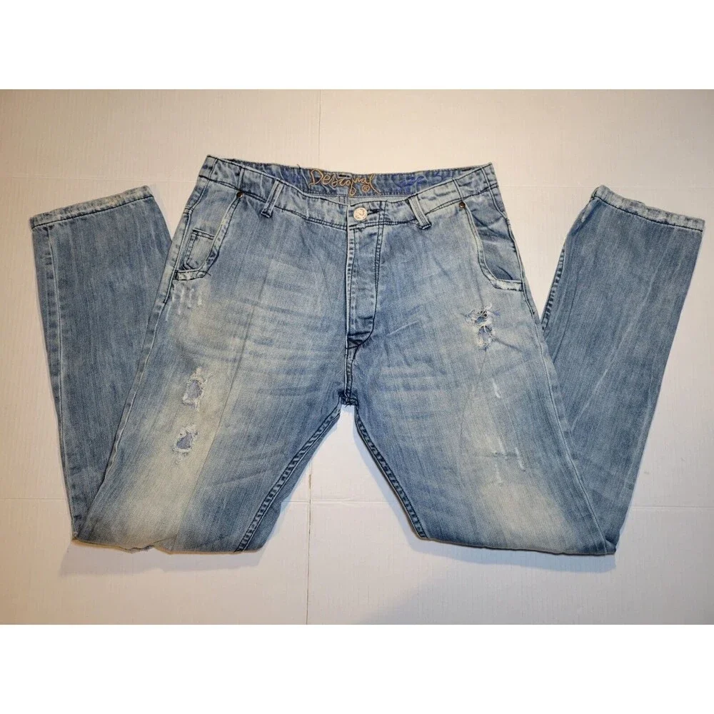Desigual Men Jeans Regular Straight Size W34 L32 Button Fly Ripped 5 Pocket Blue